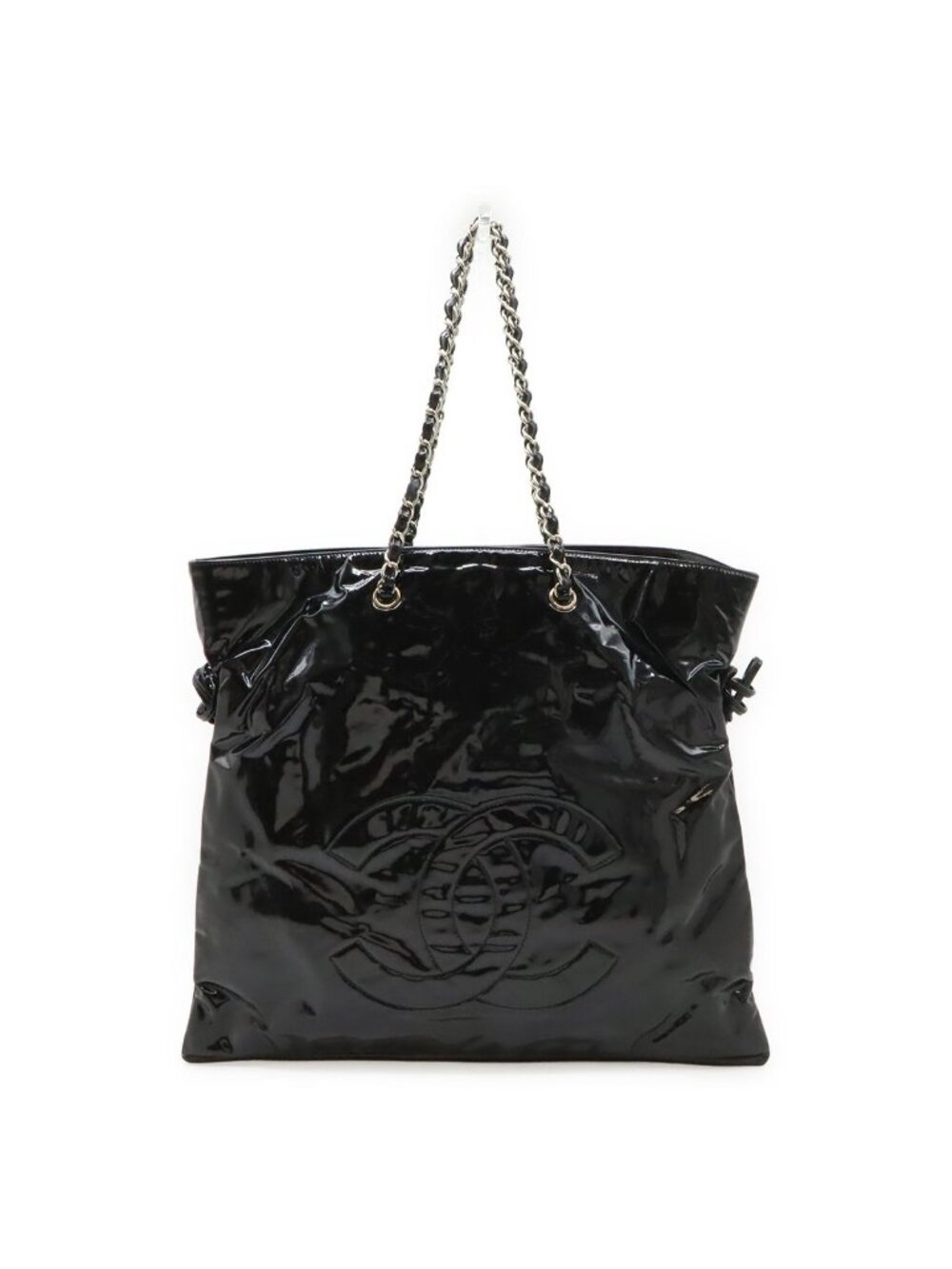 Chanel Bonbon Chain Tote CC Logo Shoulder Bag Patent Black Silver